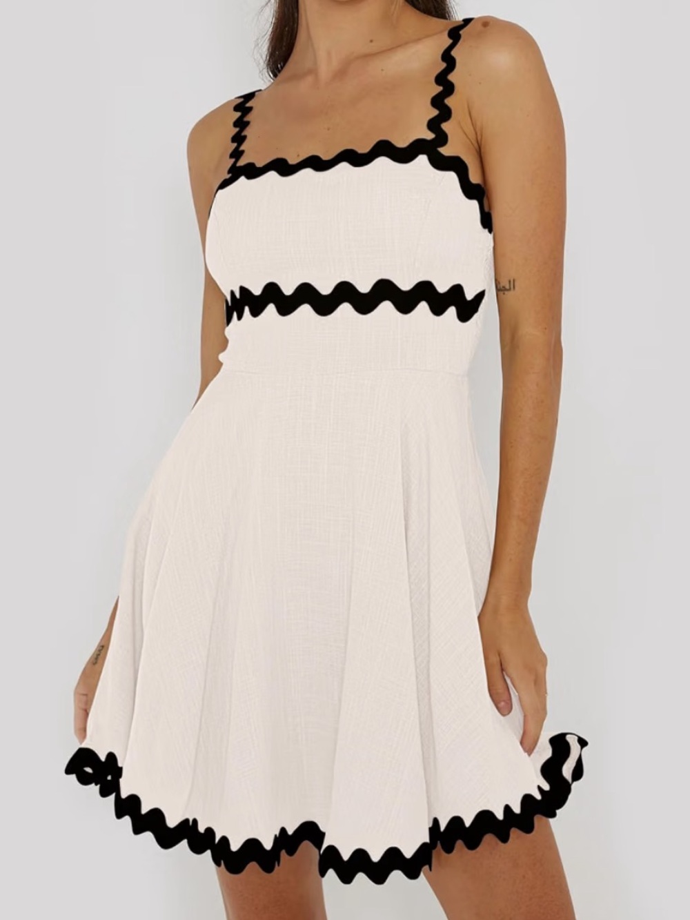 Shy Velvet White Linen Cotton Mini Dress Black Ric Rac Women’s Size Medium
